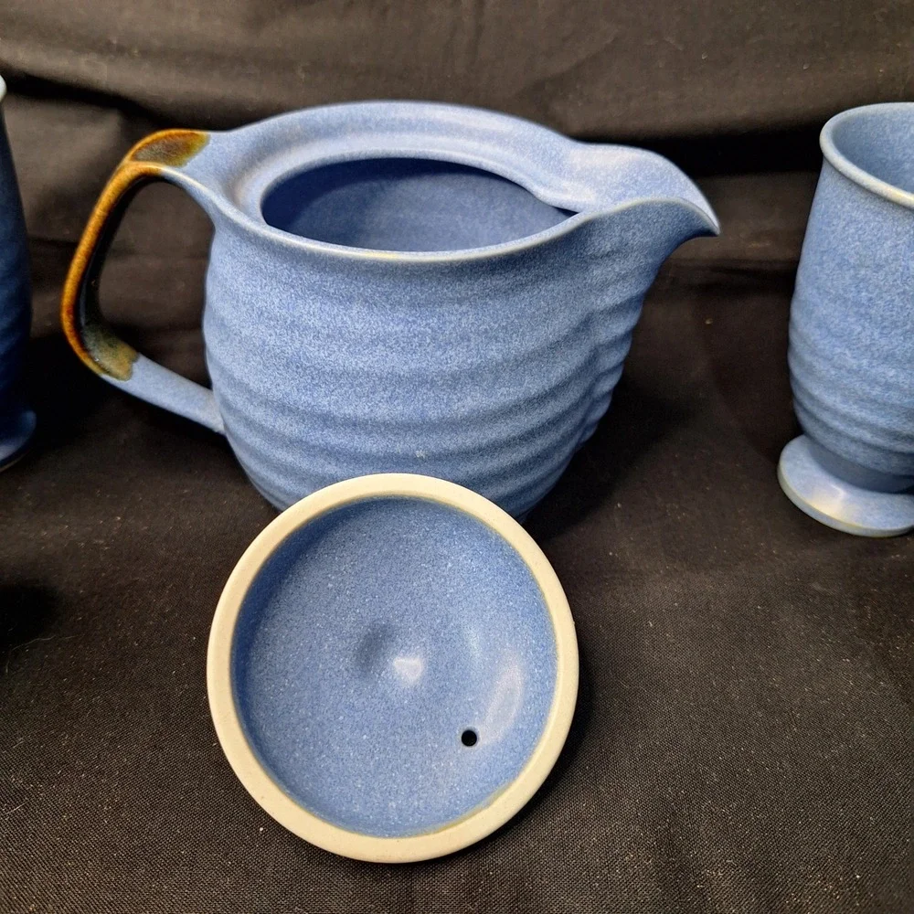 Andrea by Sadek Chopsticks Blue Ceramic Tea Set Teapot 4 Cups‎ Made in Japan